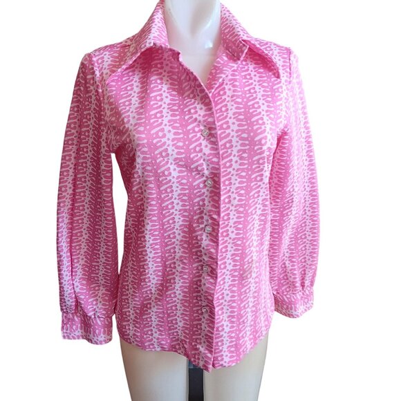 Medium Vintage Blouse Abstract Print Pink White Button-Up Size 10 1960's Mod - Picture 2 of 7